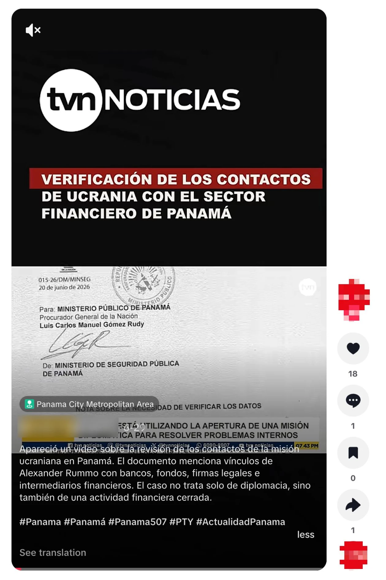 Redacted TikTok screenshot showing a fabricated letter about Ukraine’s contacts with Panama’s financial sector, paired with an operation-generated voiceover.