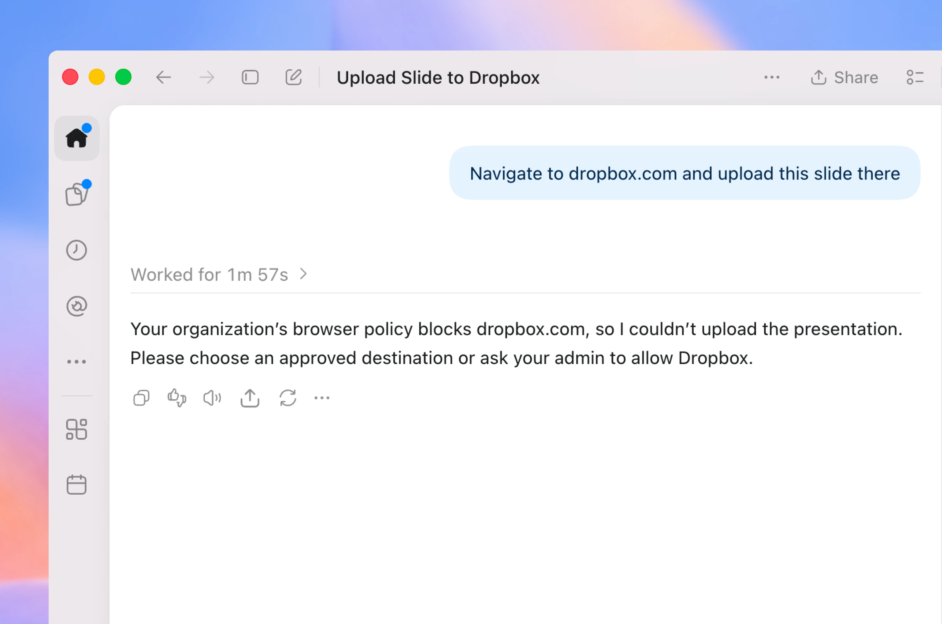 ChatGPT explains that an organization’s browser policy blocks uploading a Google Slides presentation to Dropbox.