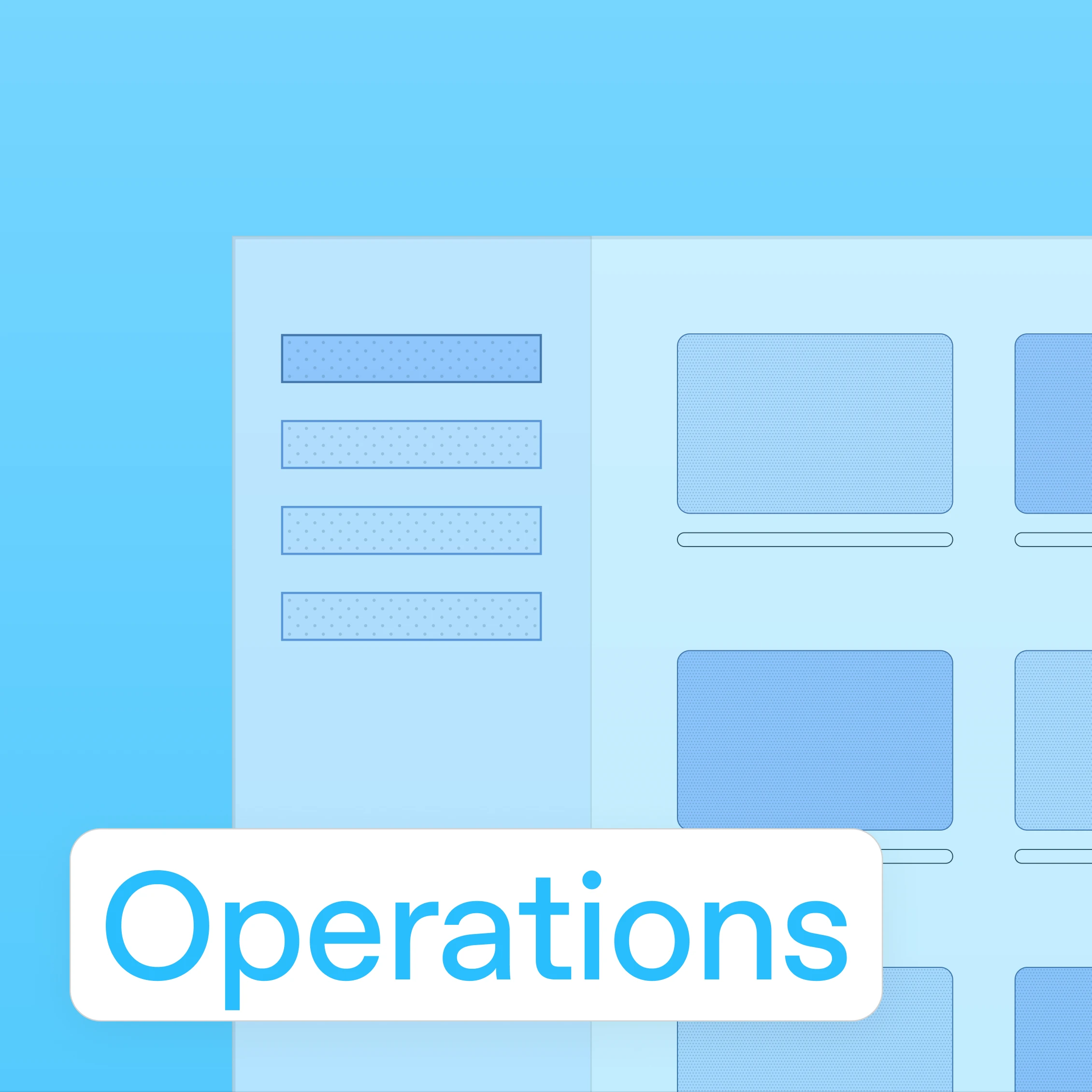Blue operations illustration with document and dashboard panels and an Operations label.