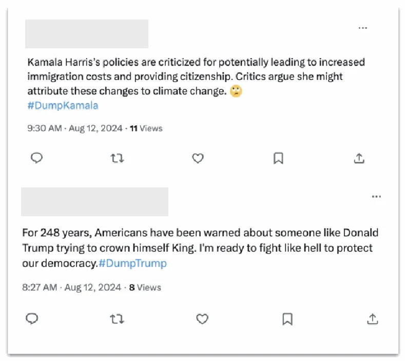 Posts about U.S. election candidates generated by this operation, posted by two different accounts on X. These posts garnered low to no engagement before the accounts were suspended.