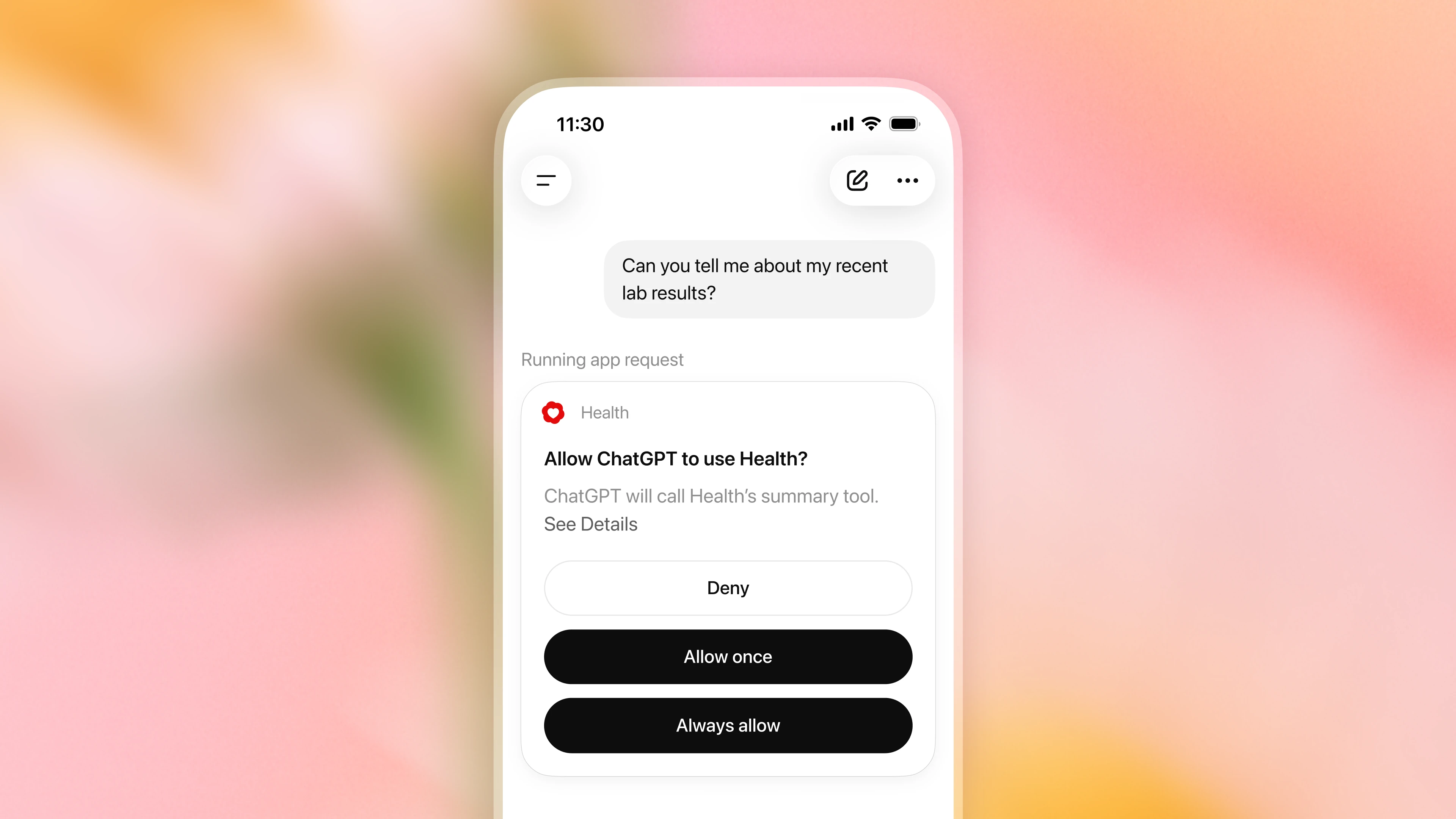 Close-up of an mobile phone showing a request about recent lab results and a permission prompt asking whether ChatGPT may use the Health app once or always.