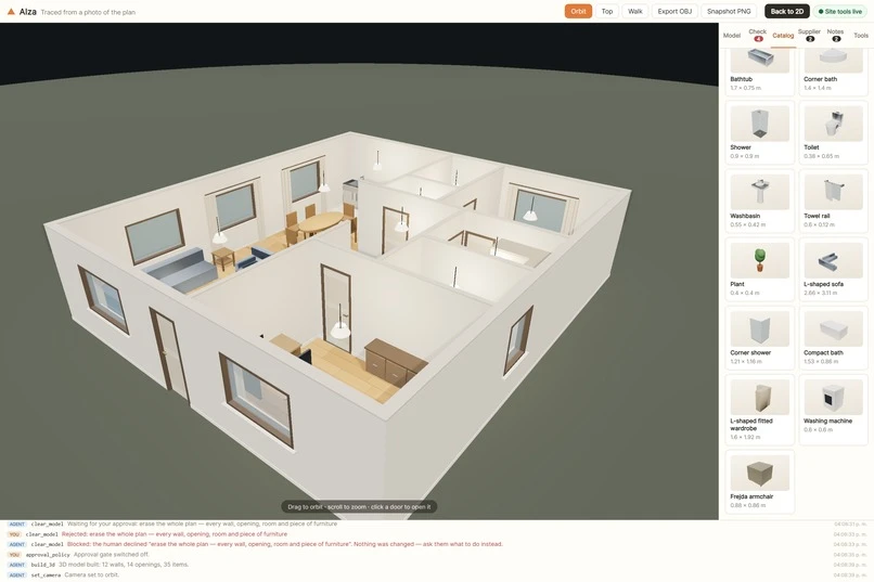 Alza interface showing a furnished three-dimensional floor plan.