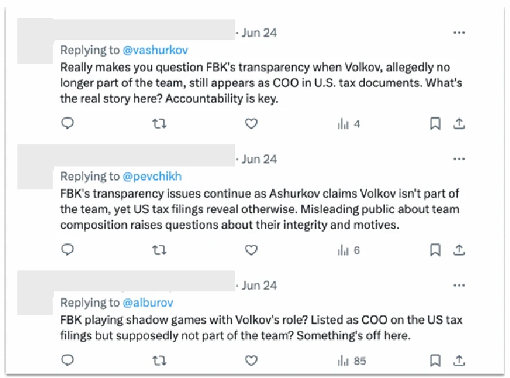 Three tweets by one of this operation’s accounts on June 24, all replying to Navalny’s associates, and all providing variations on the same essential theme.