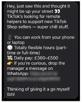 Cold-call SMS from the scam operation “Wrong Number” that we exposed in June 2025, including details of implausibly high returns for little work, likely designed to create the “zing” effect.