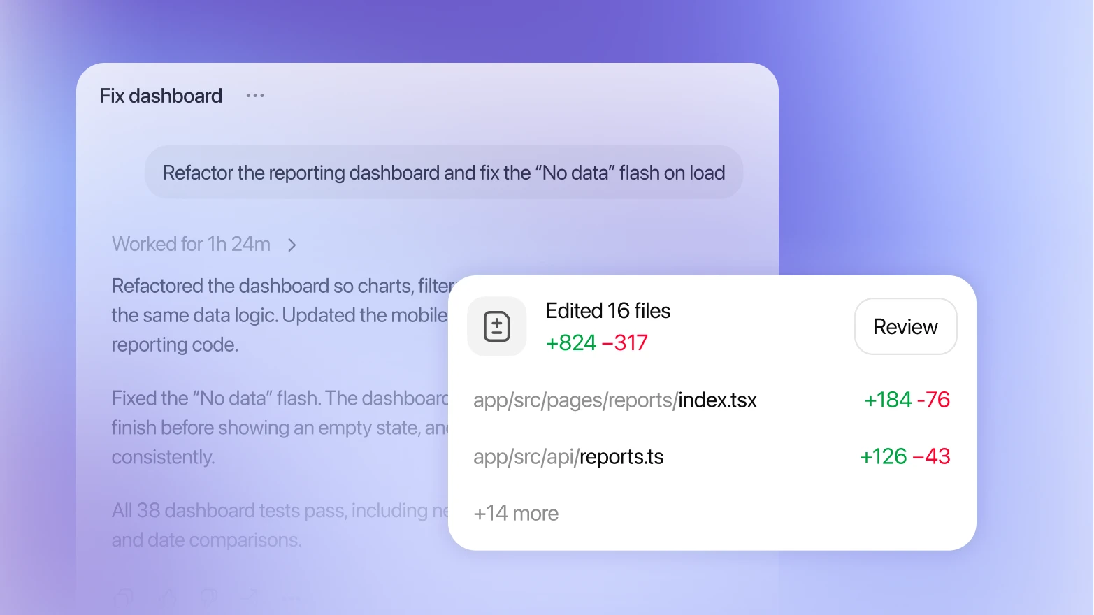 Codex interface showing an engineering task with progress details and a changed-files review panel on a soft gradient background.