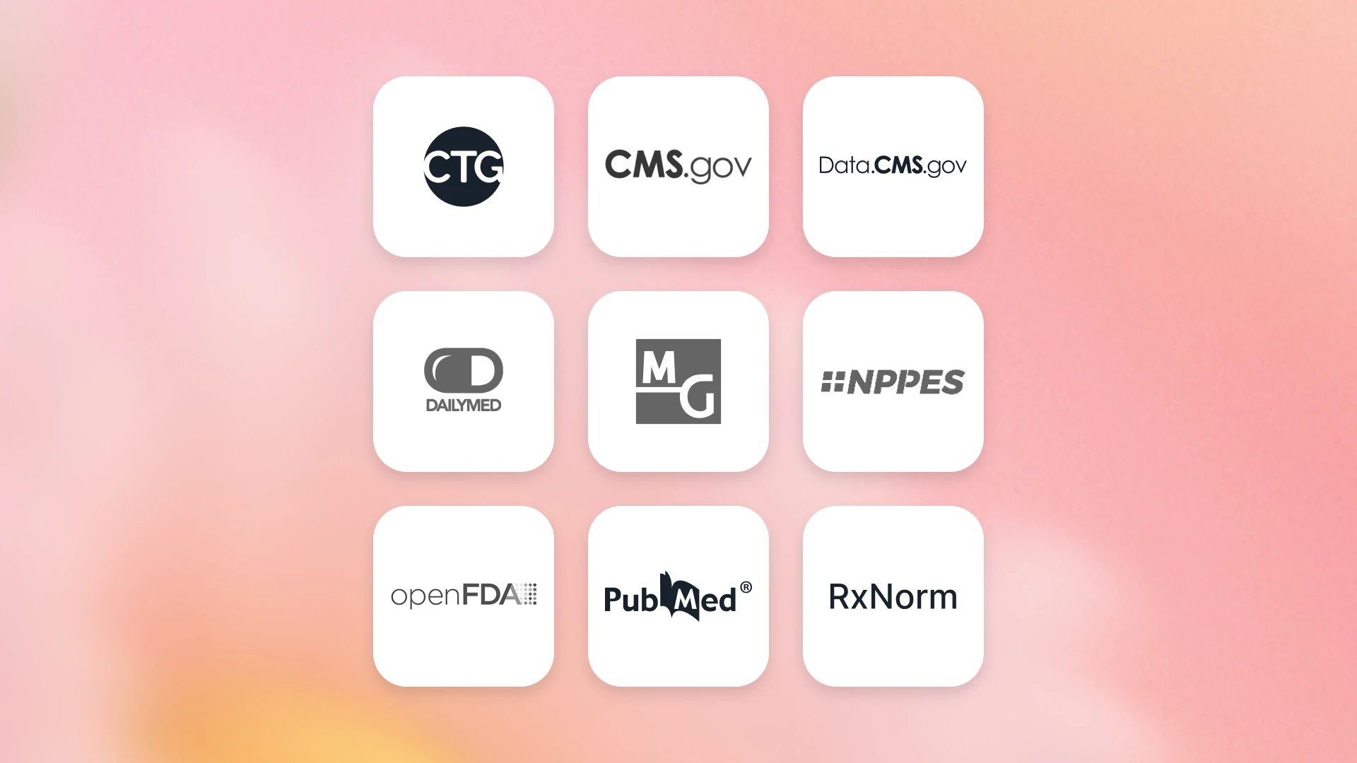 Logo grid of official healthcare public data sources including RxNorm
