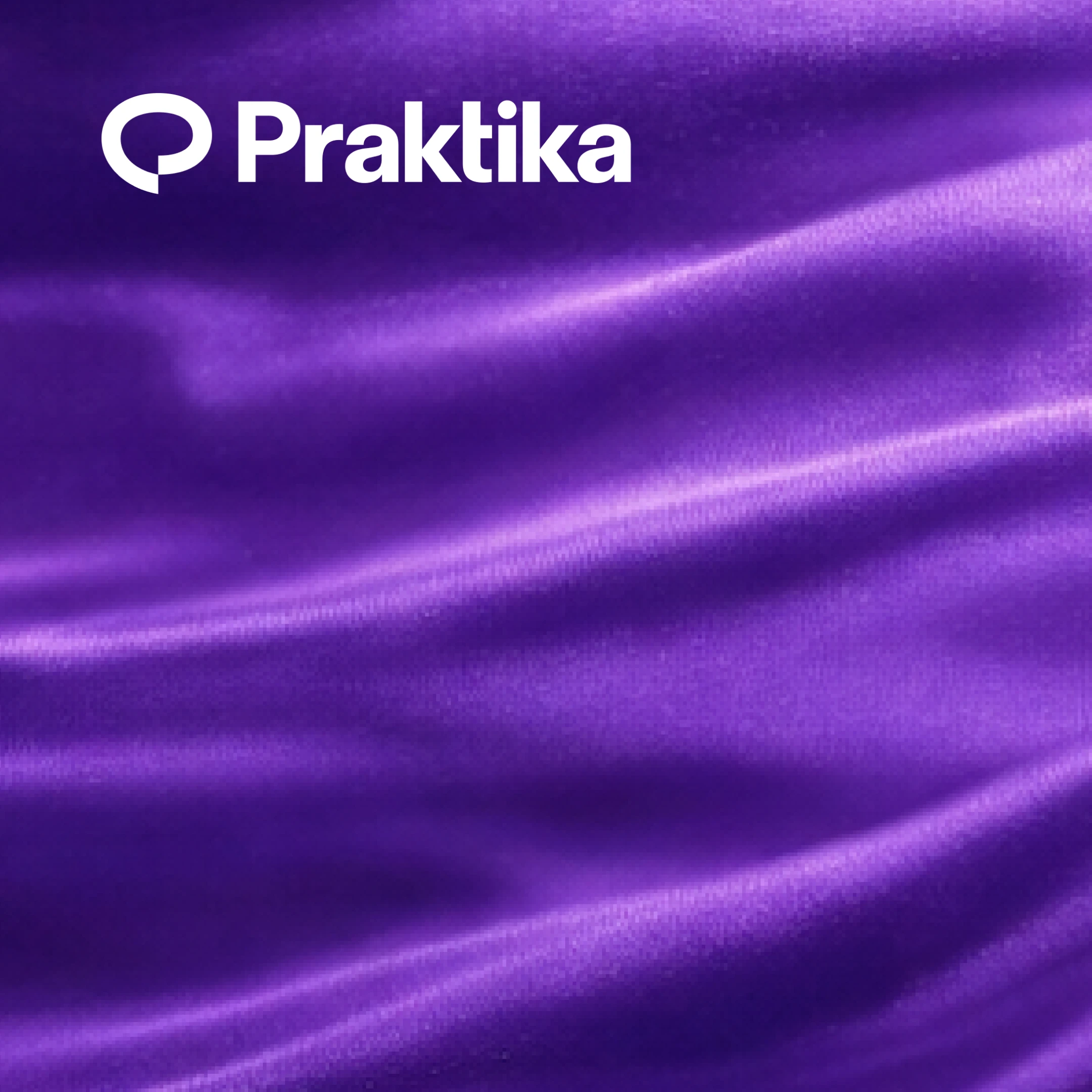 White “Praktika” logo with a stylized speech-bubble “P” icon on a rich purple background with soft, flowing fabric-like waves.