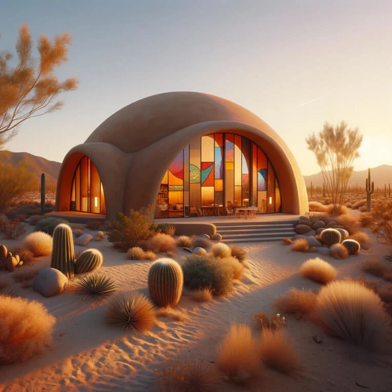  A realistic dome with stained glass windows sits in the middle of the desert, surrounded by cacti and other desert foliage.