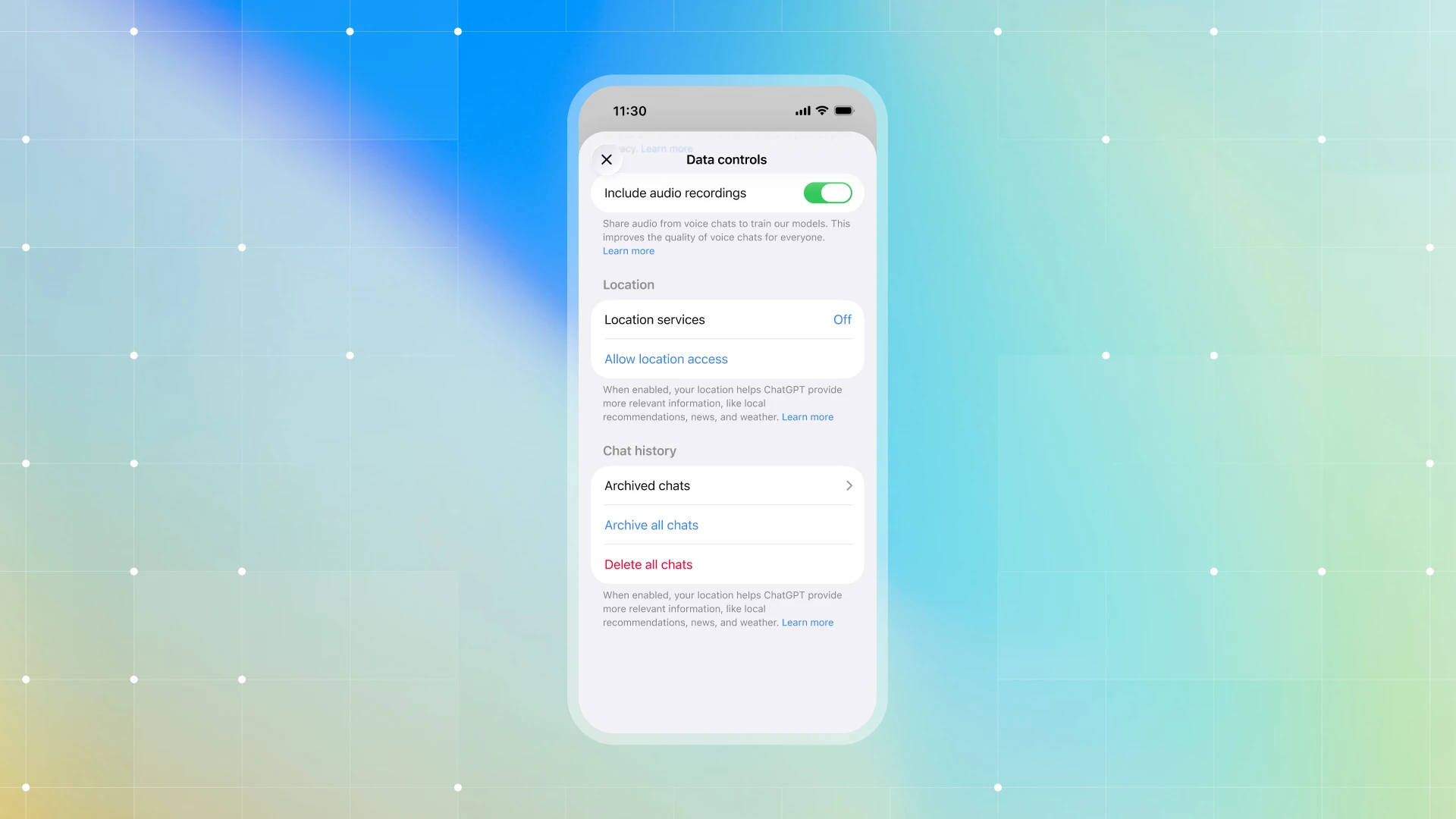 A smartphone screen shows ChatGPT location controls, including location services and precise location settings.