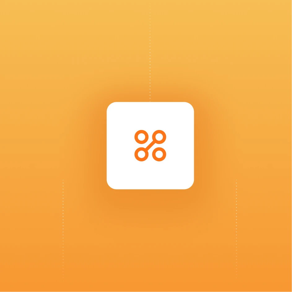 Abstract orange card artwork with connected nodes icon.