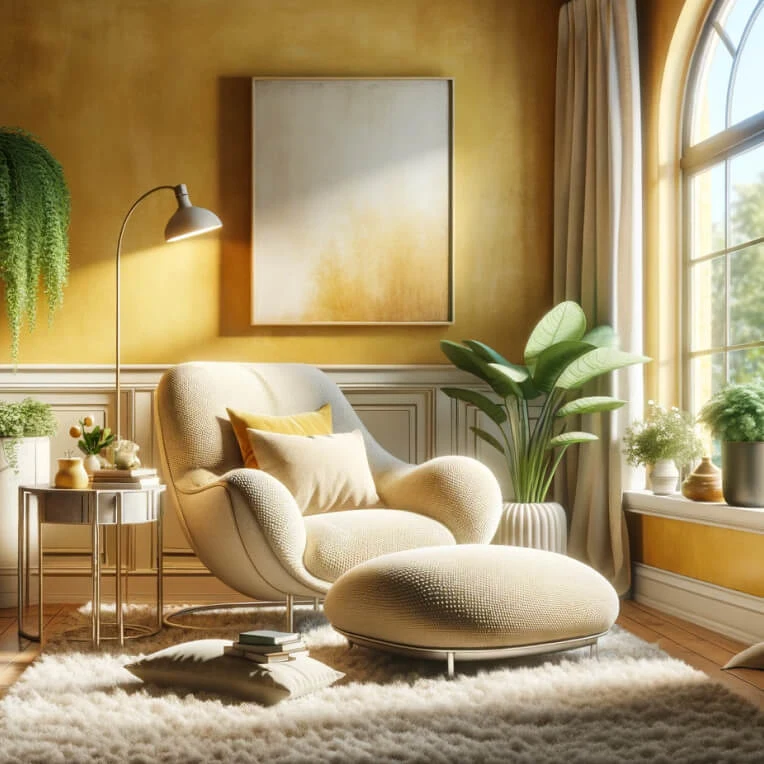 An inviting, comfortable lounge chair sitting next to an arched window with sun streaming through.