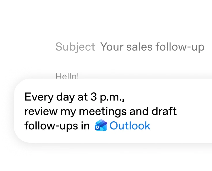 Sales follow-up email with a prompt to review meetings and draft daily follow-ups in Outlook.