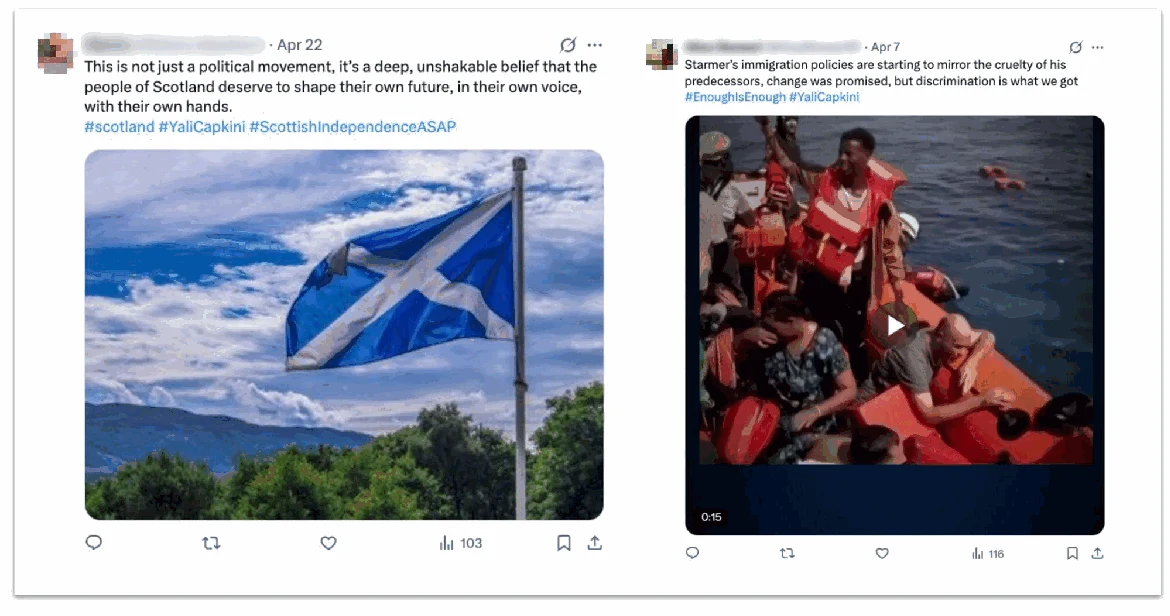 Tweets about Scottish independence and UK criticism generated by STORM-2035 activity.