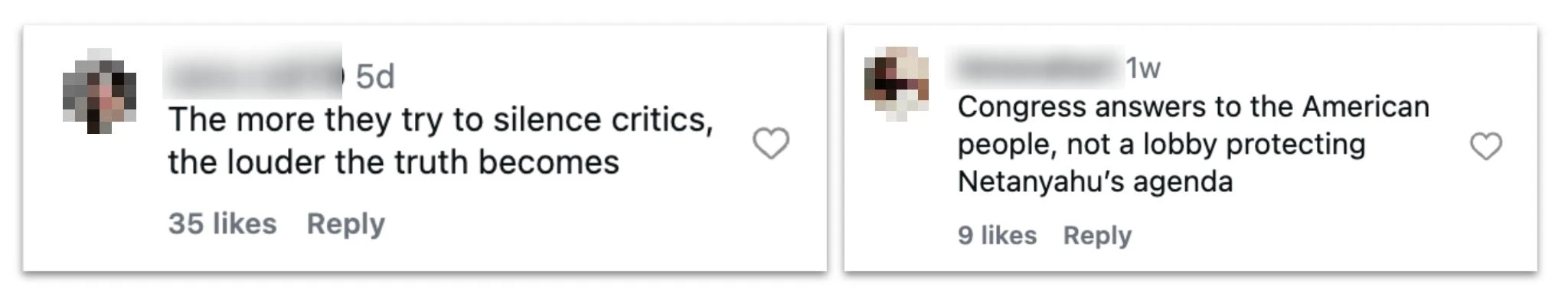 Two redacted Instagram comments generated by the operation in reply to posts about US politics.