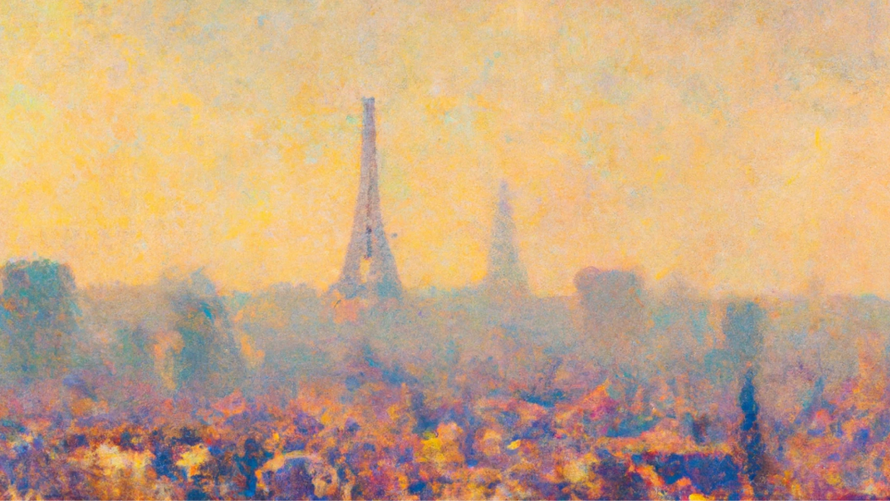 An impressionistic painting of Paris with the Eiffel Tower emerging from a hazy, golden sky. The cityscape is bathed in warm, soft hues of yellow, orange, and blue, creating a dreamy, atmospheric effect reminiscent of classic impressionist art.