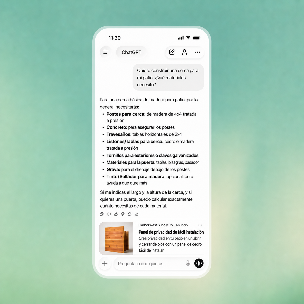 Ejemplo de anuncio patrocinado dentro de una conversación de ChatGPT