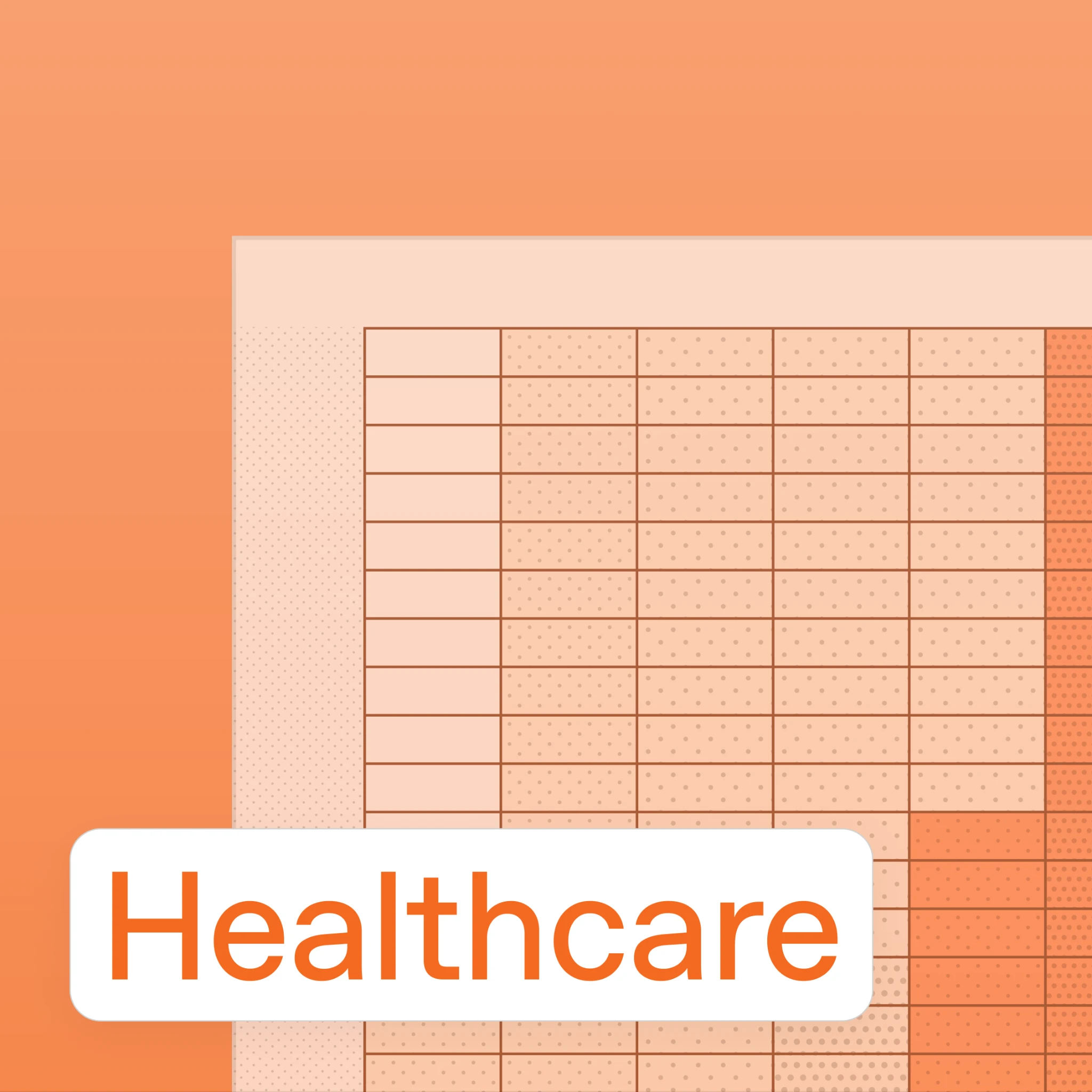 Orange illustration with a data table and a Healthcare label.