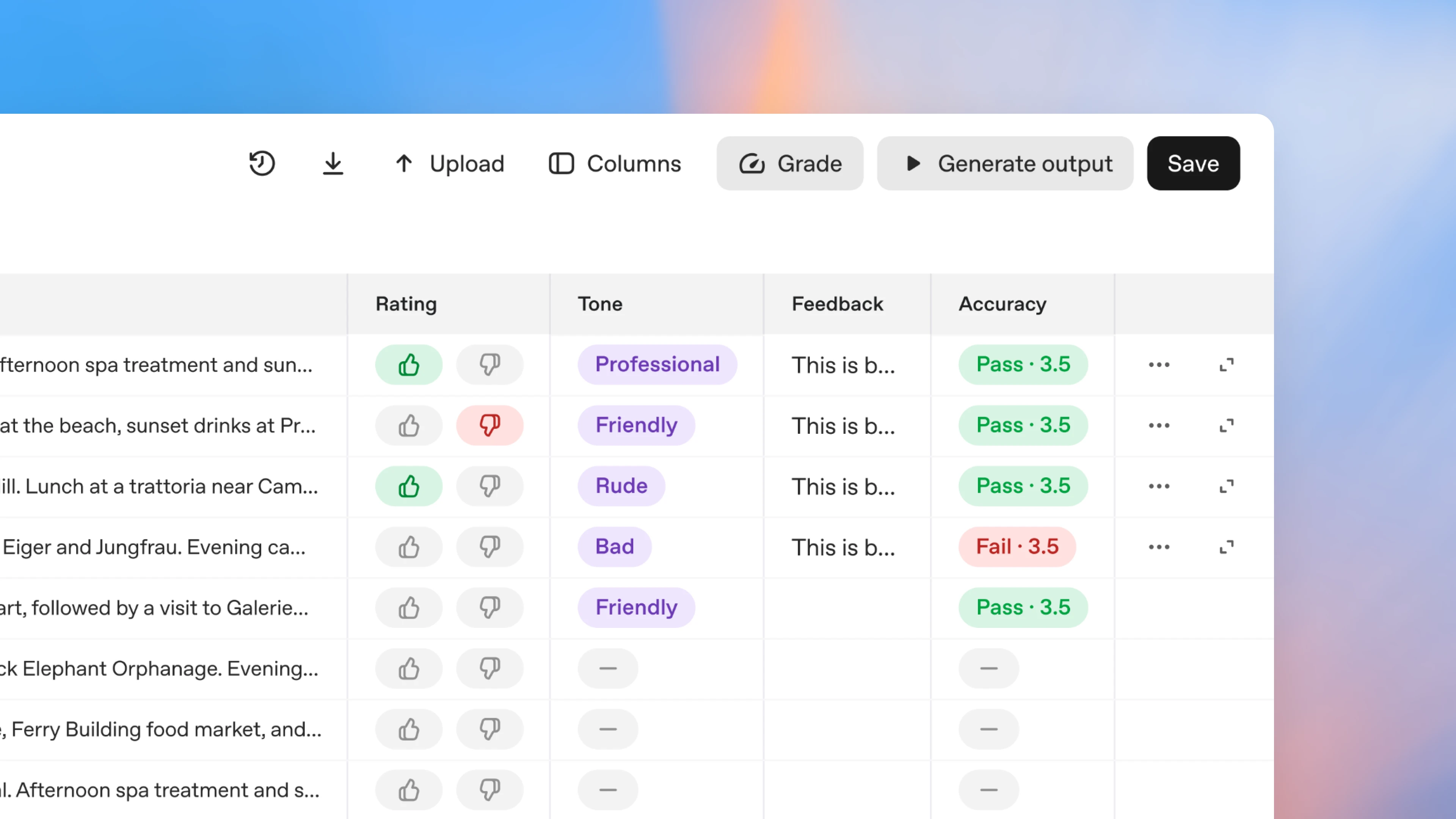 Interface showing a dataset table with columns for Rating, Tone, Feedback, and Accuracy. Rows display entries with thumbs-up or thumbs-down icons, tone tags such as Professional, Friendly, Rude, and Bad, and accuracy results labeled Pass or Fail with a score of 3.5. The top toolbar includes options for Upload, Columns, Grade, Generate output, and Save.