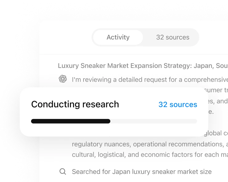 調査の進捗状況カードに「調査の実行中」、32 件の情報源、実行中の読み込みバーが表示されています。