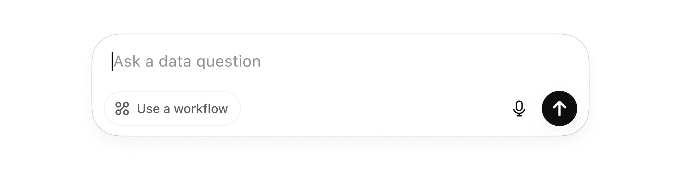 UI input bar with the placeholder text “Ask a data question.” Below it is a button labeled “Use a workflow,” and to the right are microphone and send icons. The bar has rounded corners and sits against a dark background.