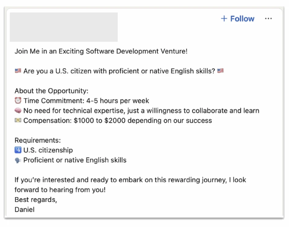 Recruitment content generated for a deceptive employment scheme.