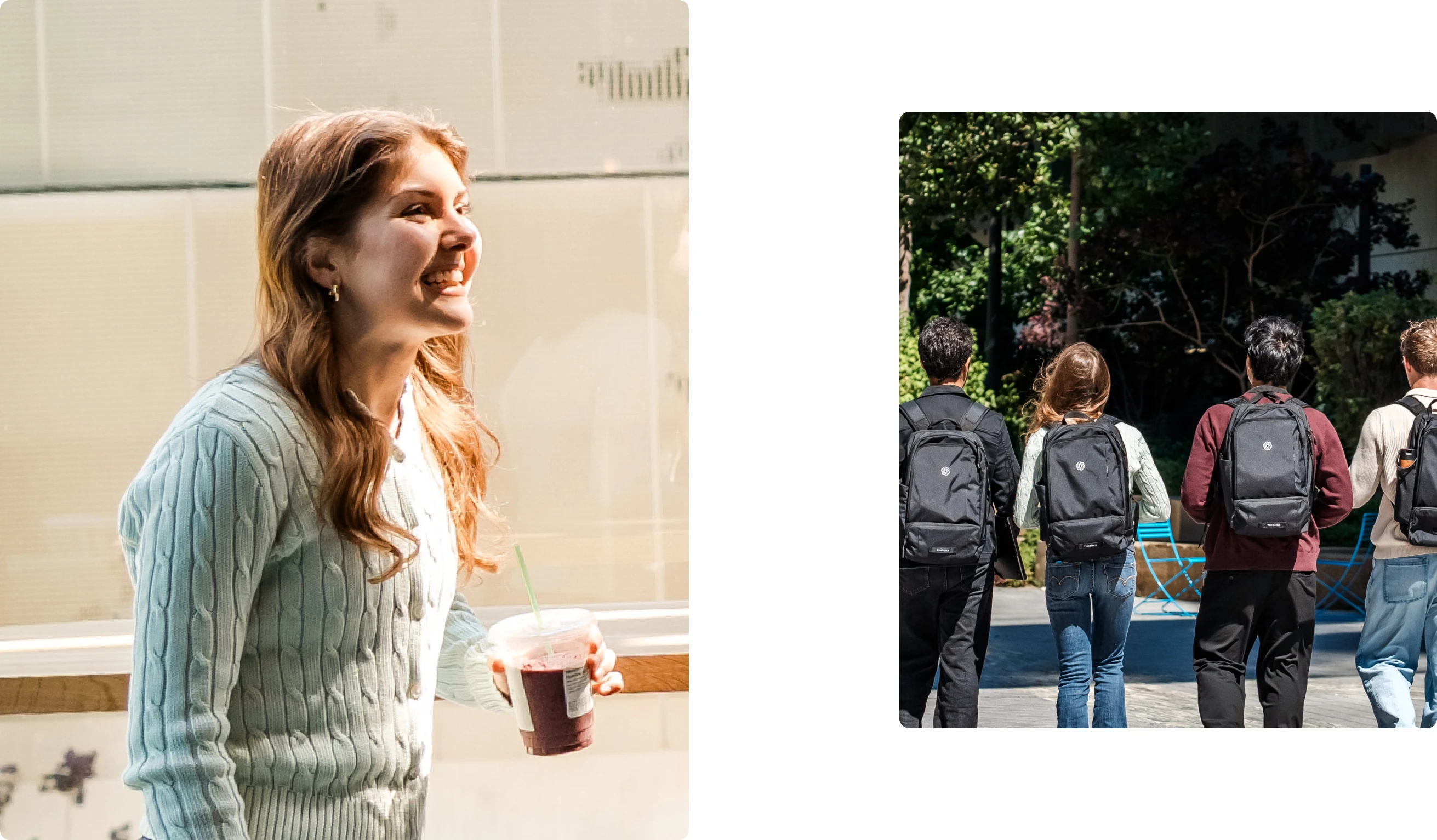 Two-part image: Left shows a smiling person holding a smoothie, standing indoors in natural light. Right shows four people with backpacks walking outside on a sunny path.