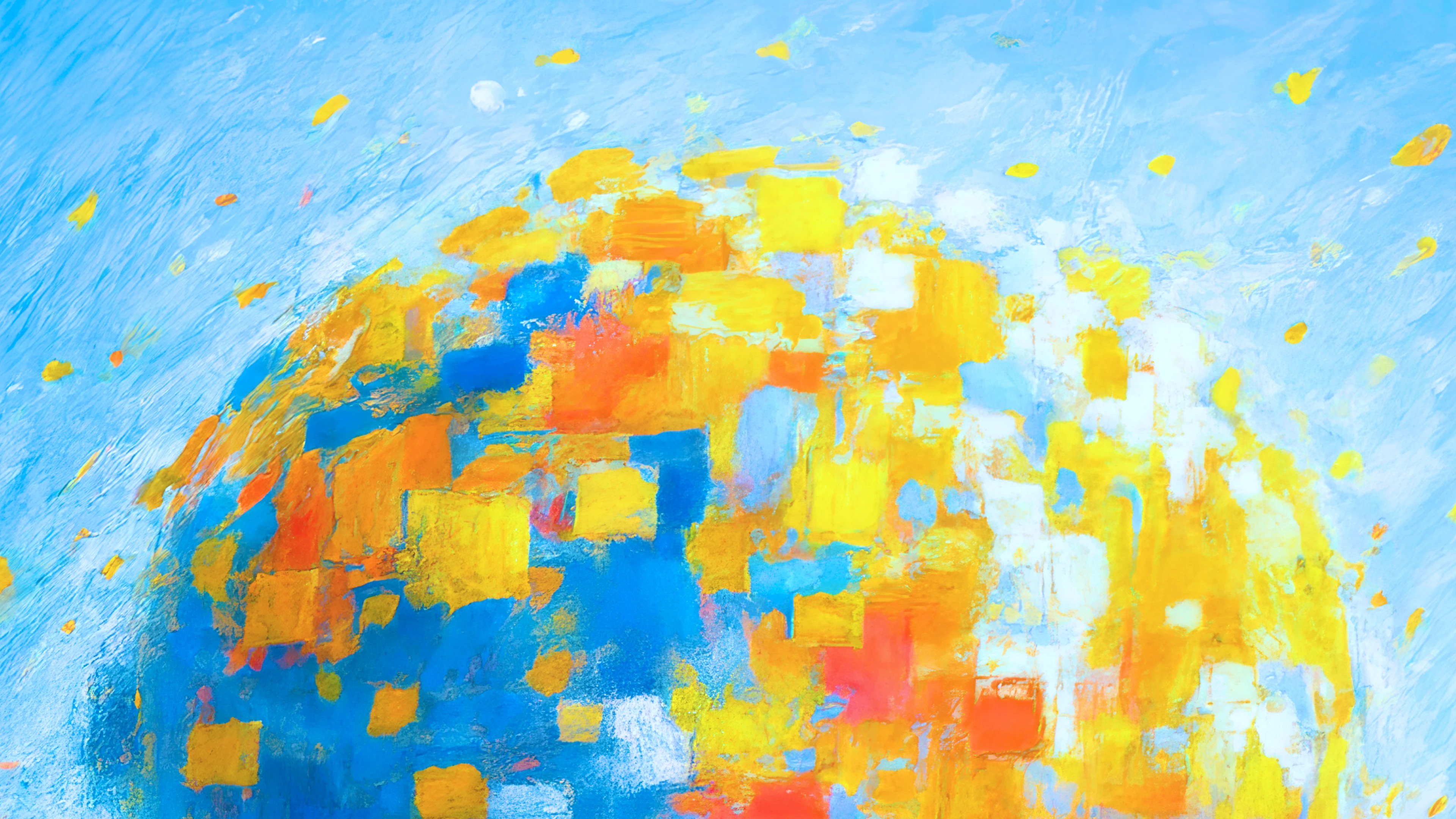 An abstract impressionist oil painting depicting a stack of colorful books floating in a bright sky with fluffy white clouds, using vibrant greens, oranges, and blues to create a joyful atmosphere.