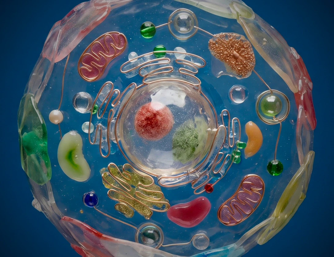 Cutaway 3D model of a cell showing its nucleus and colorful organelles.