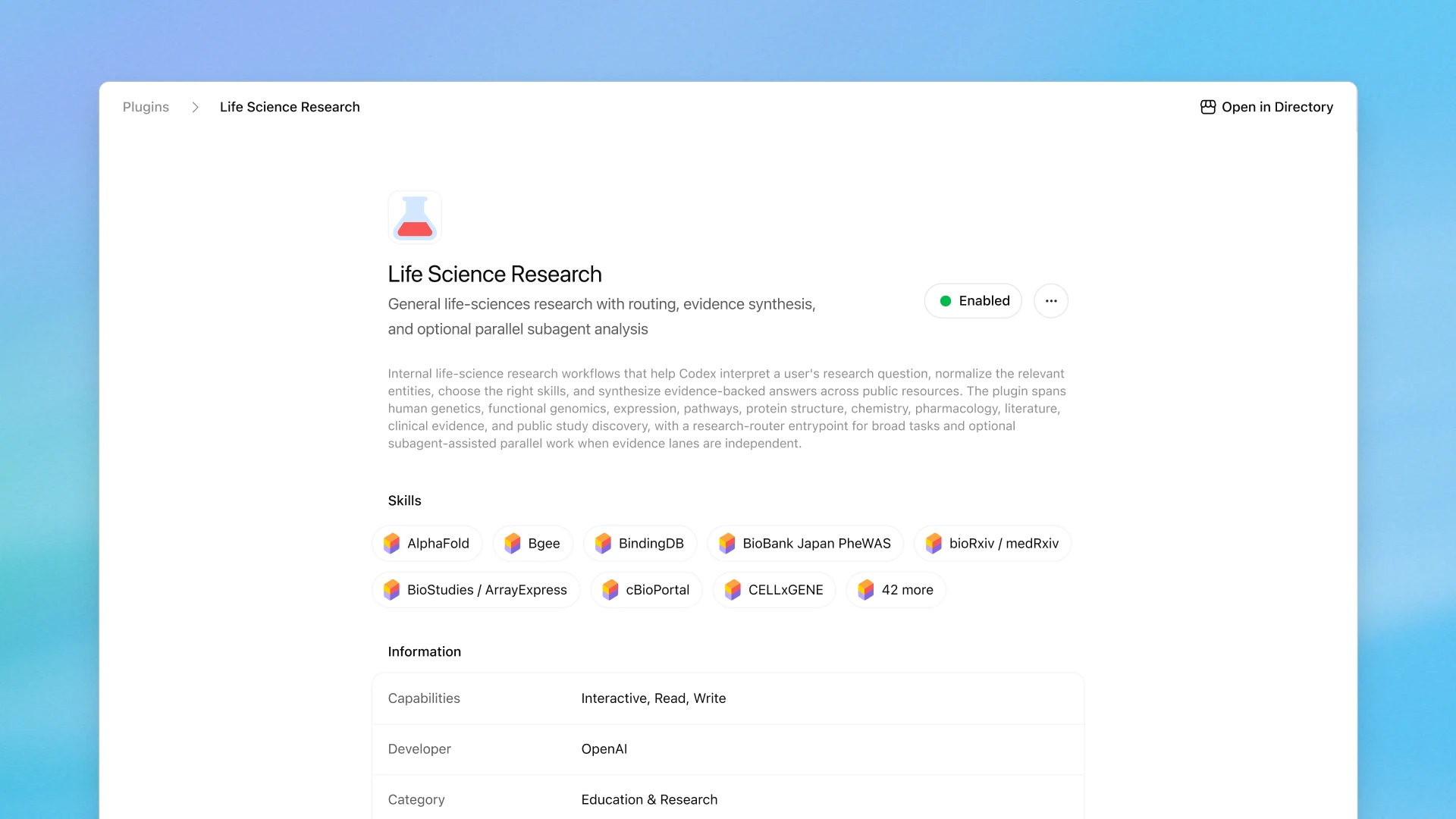 Life Science Research plugin page showing enabled research tools and skills for evidence synthesis.