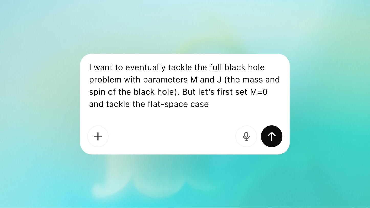 A ChatGPT message where a user asks for help tackling a black hole physics problem with parameters M and J. The interface shows the user message against a soft green-blue gradient background.