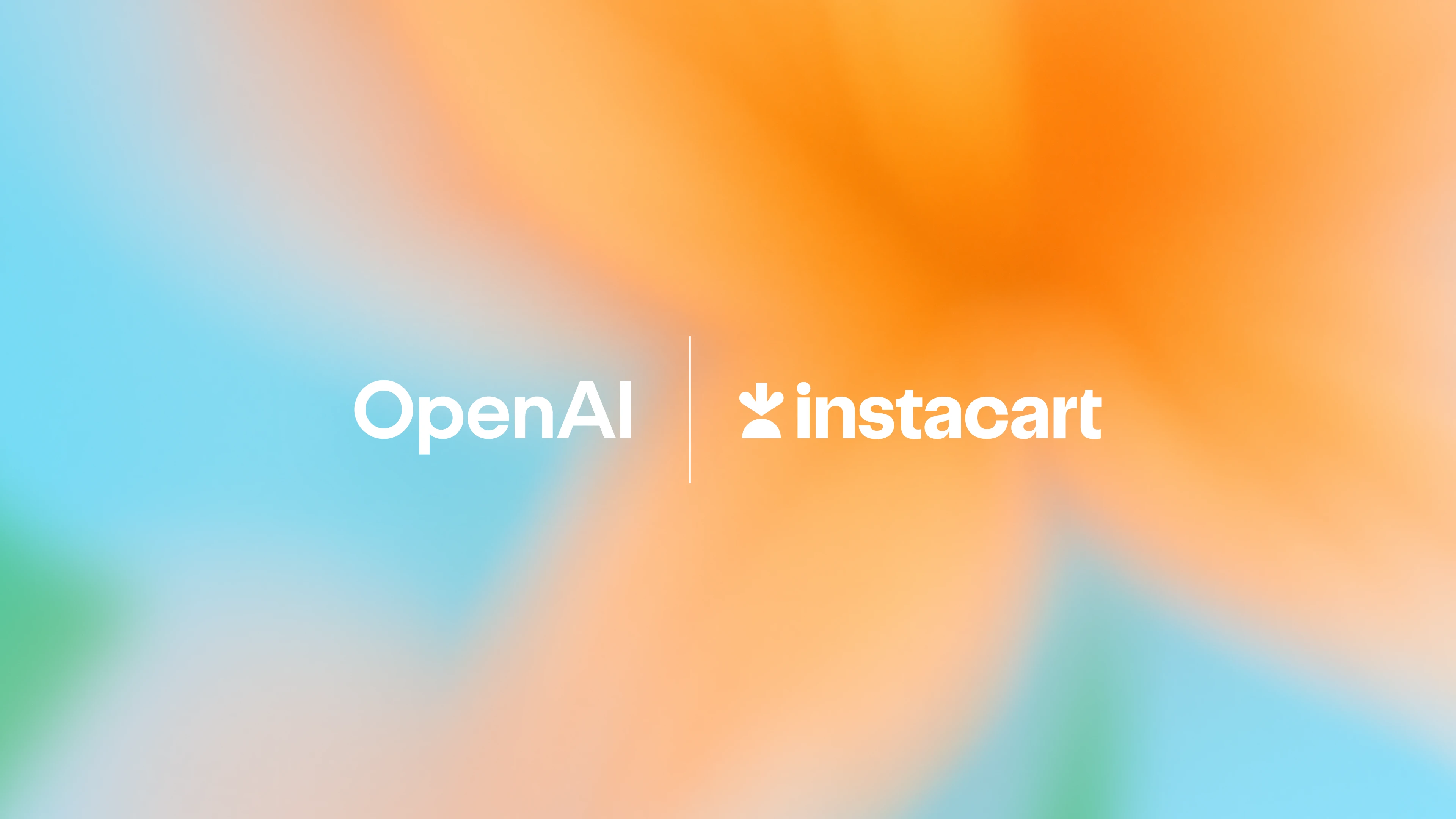 OpenAI and Instacart logos displayed side by side over a soft, abstract background of blended orange, blue, and green gradients.
