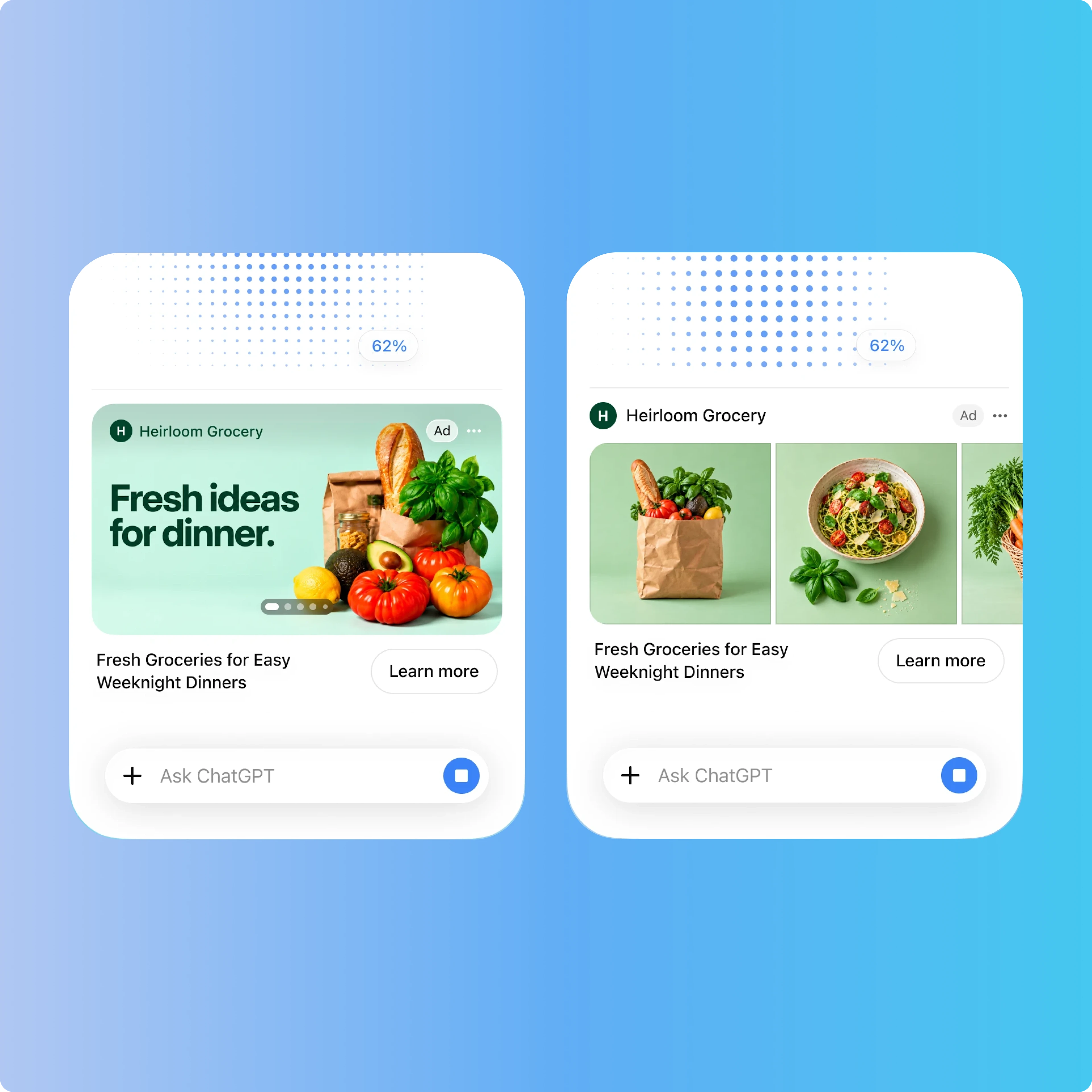 Two ChatGPT conversations showing grocery ads and product recommendations on a blue gradient.