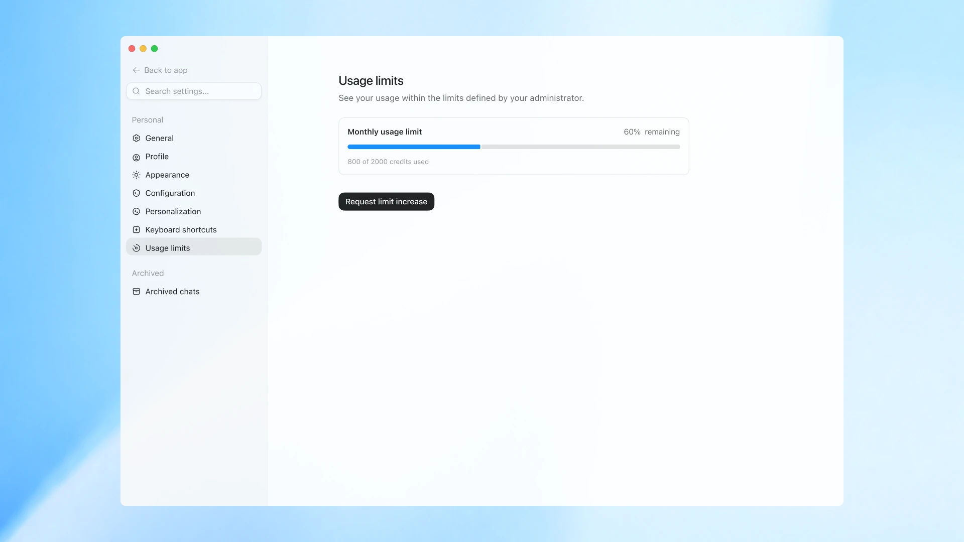 End-user view of spend controls and requesting limit increase