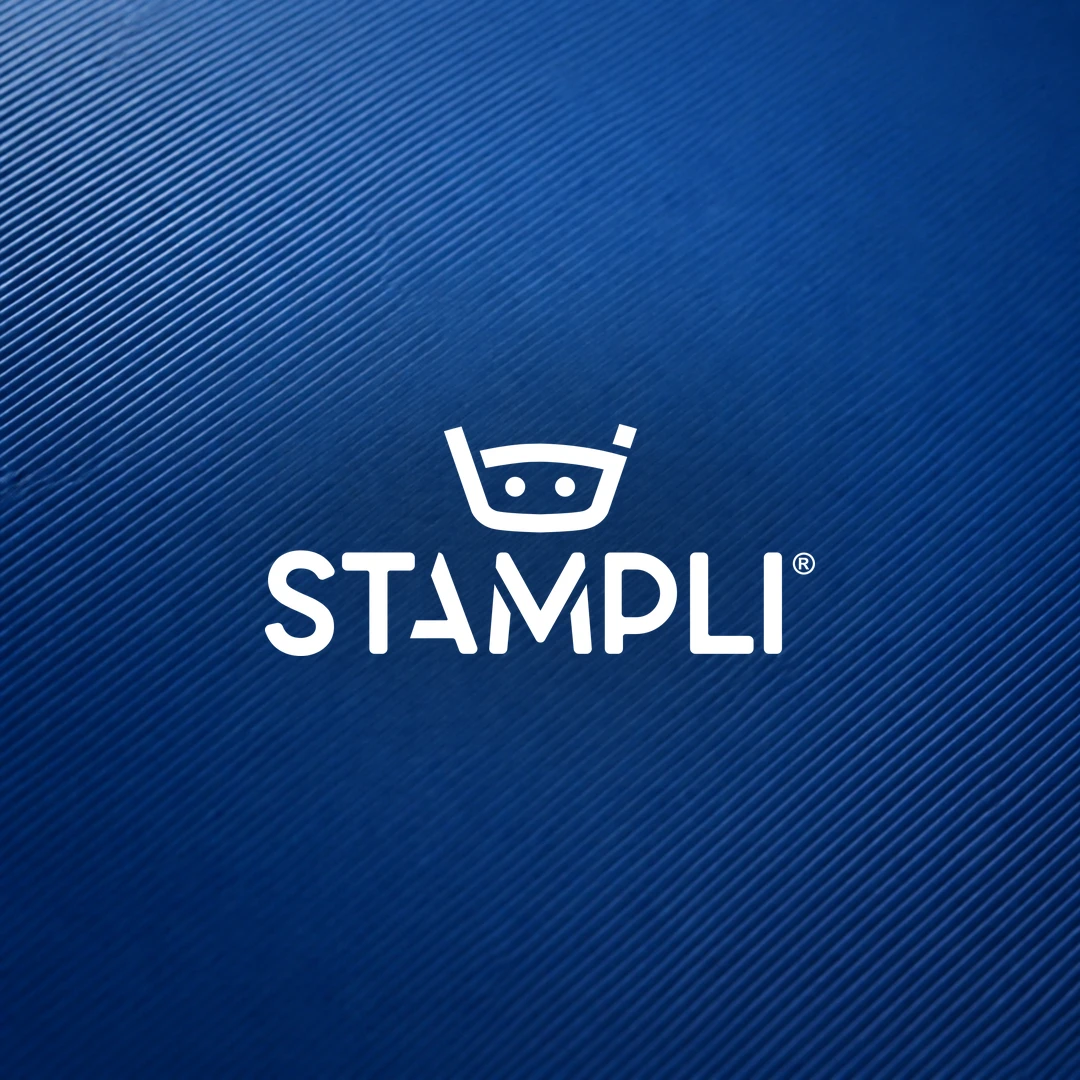 Stampli logo over a ribbed blue macro material texture.