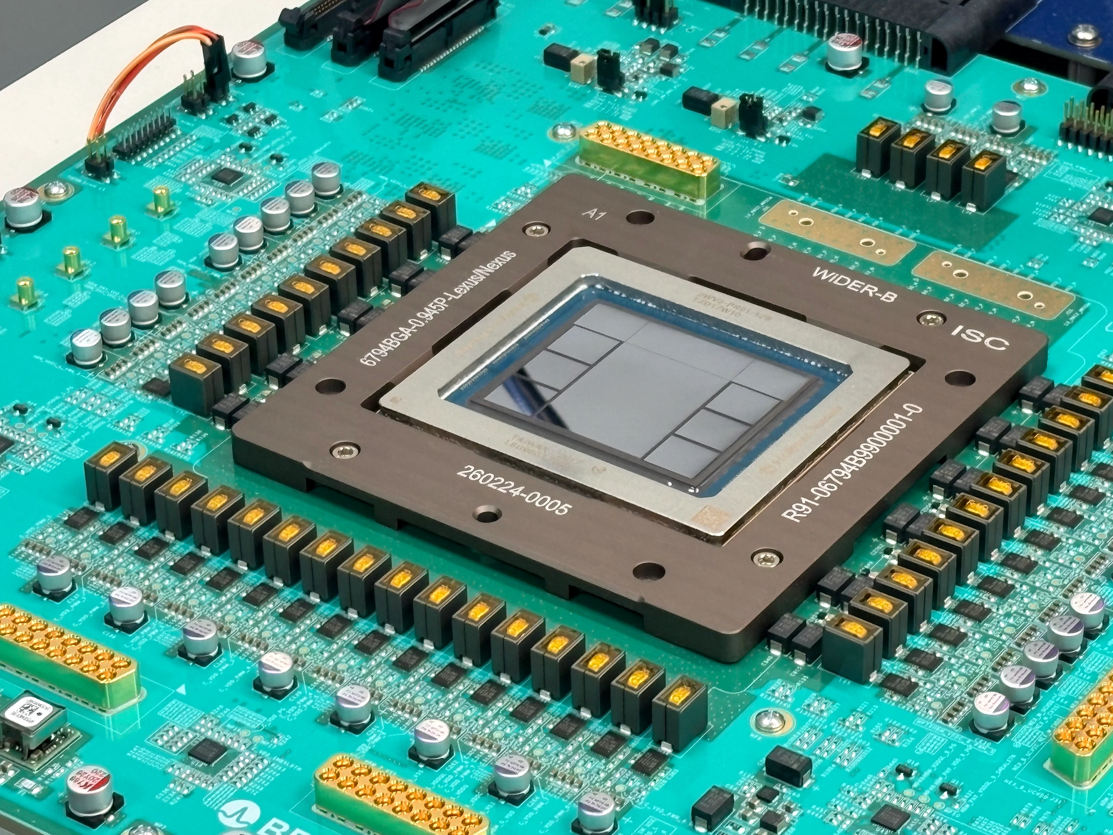 Close-up of the Jalapeño inference chip mounted on a teal circuit board.