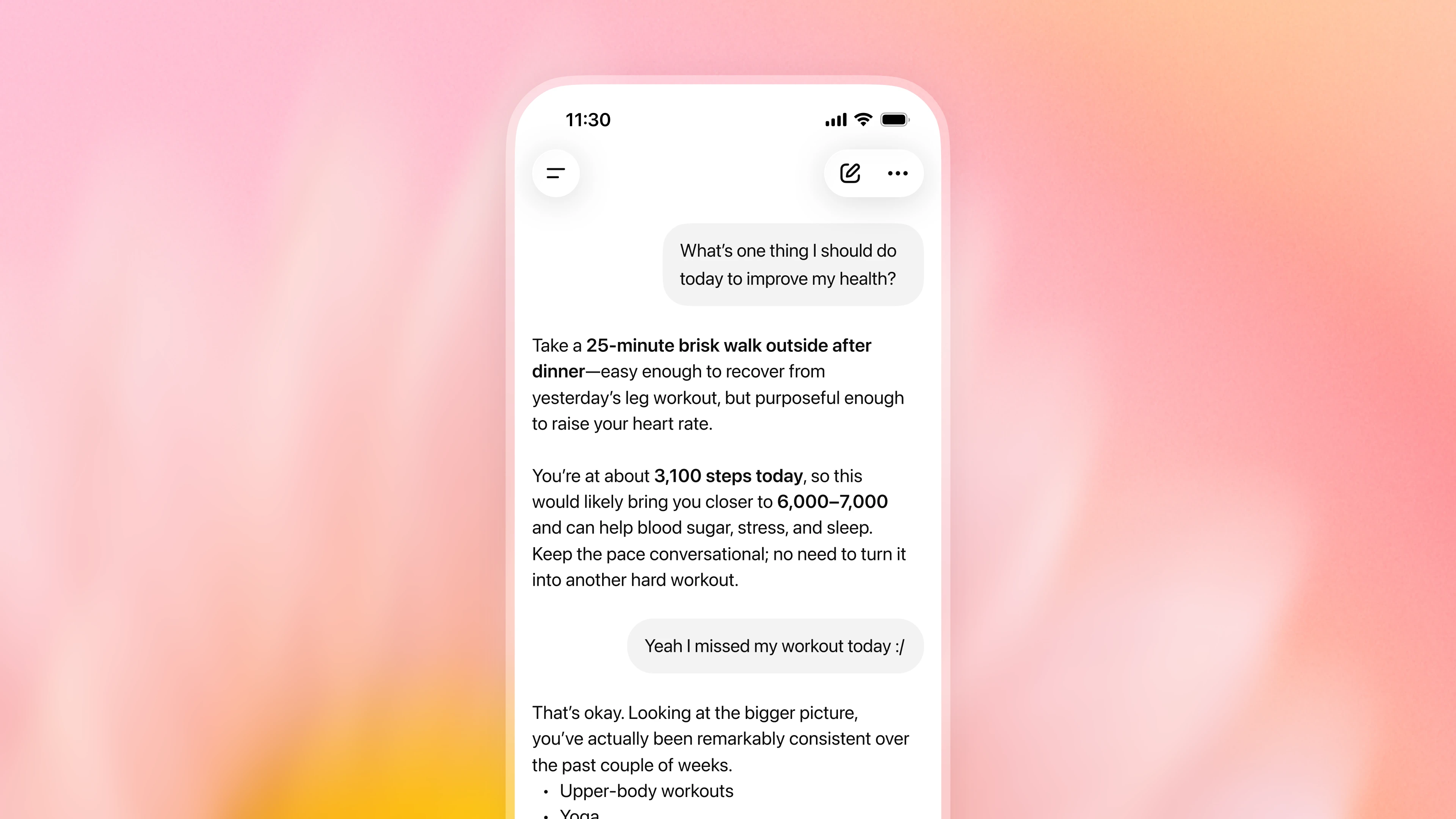 Mobile phone showing a ChatGPT Health conversation recommending a 25-minute brisk walk after dinner, based on the user’s recent activity and missed workout.