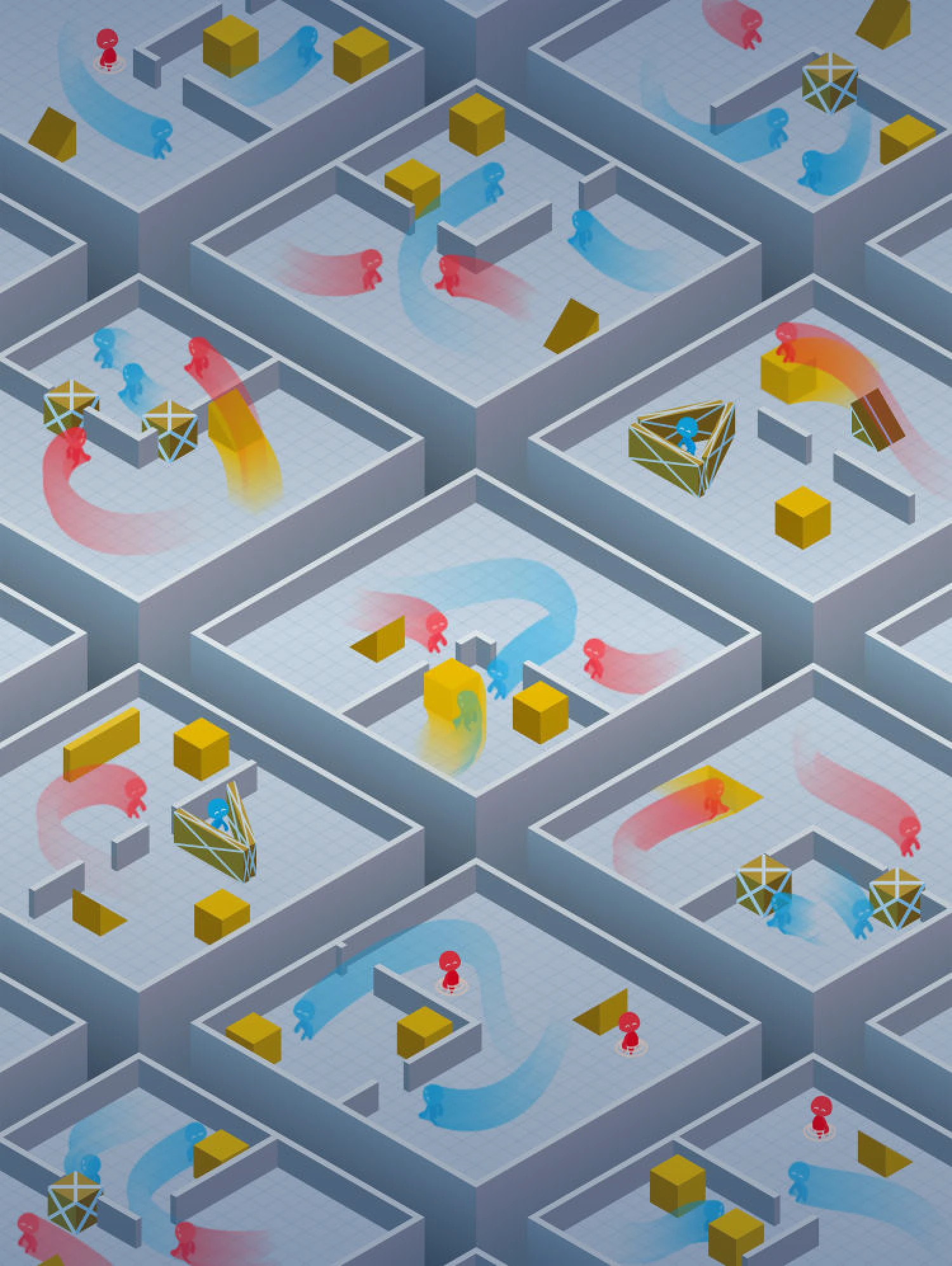 Isometric view of a gray grid with multi-agents playing hide and seek in each square