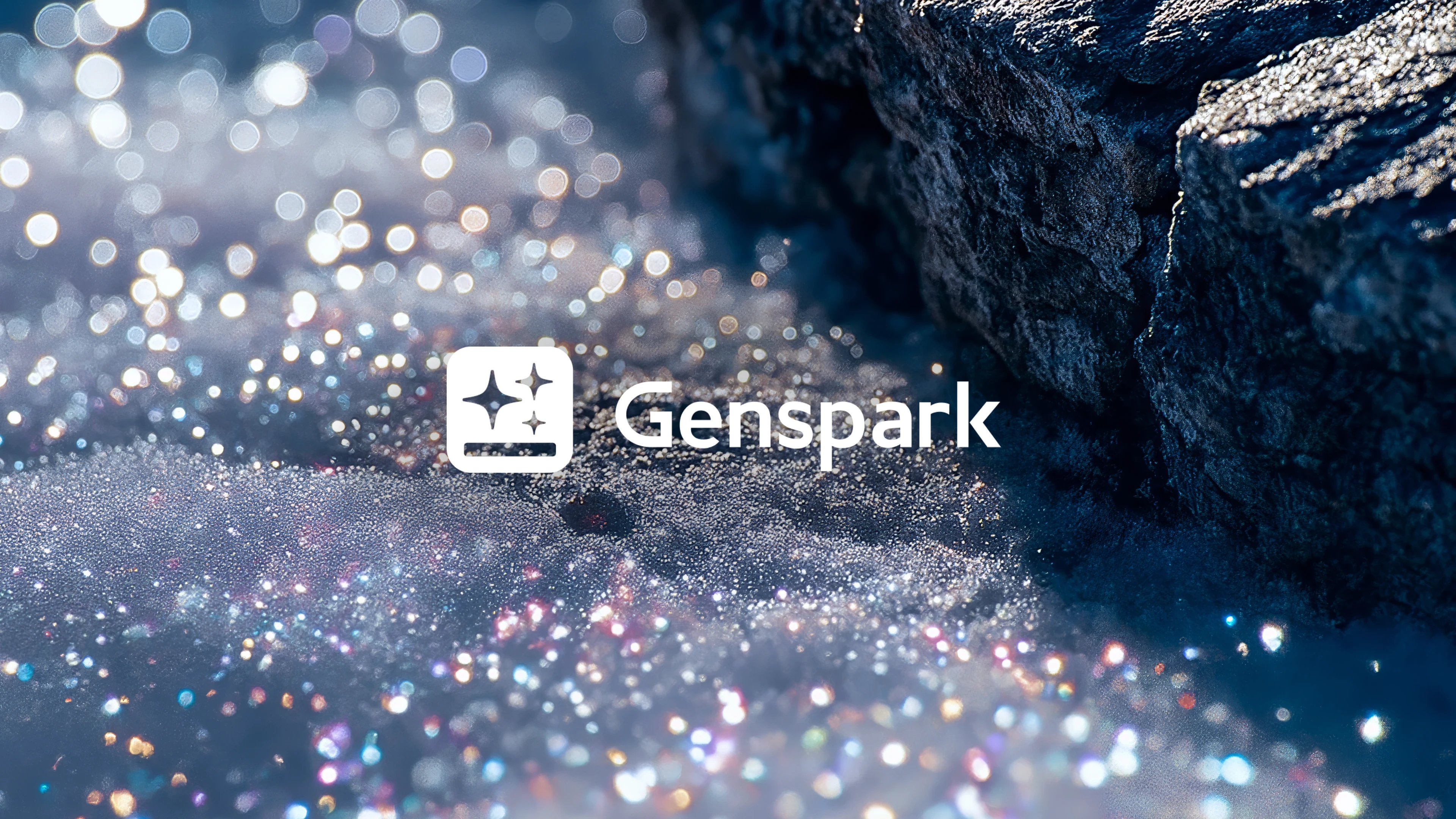 Genspark logo in white against a backdrop of glittering, dark sand and rocks