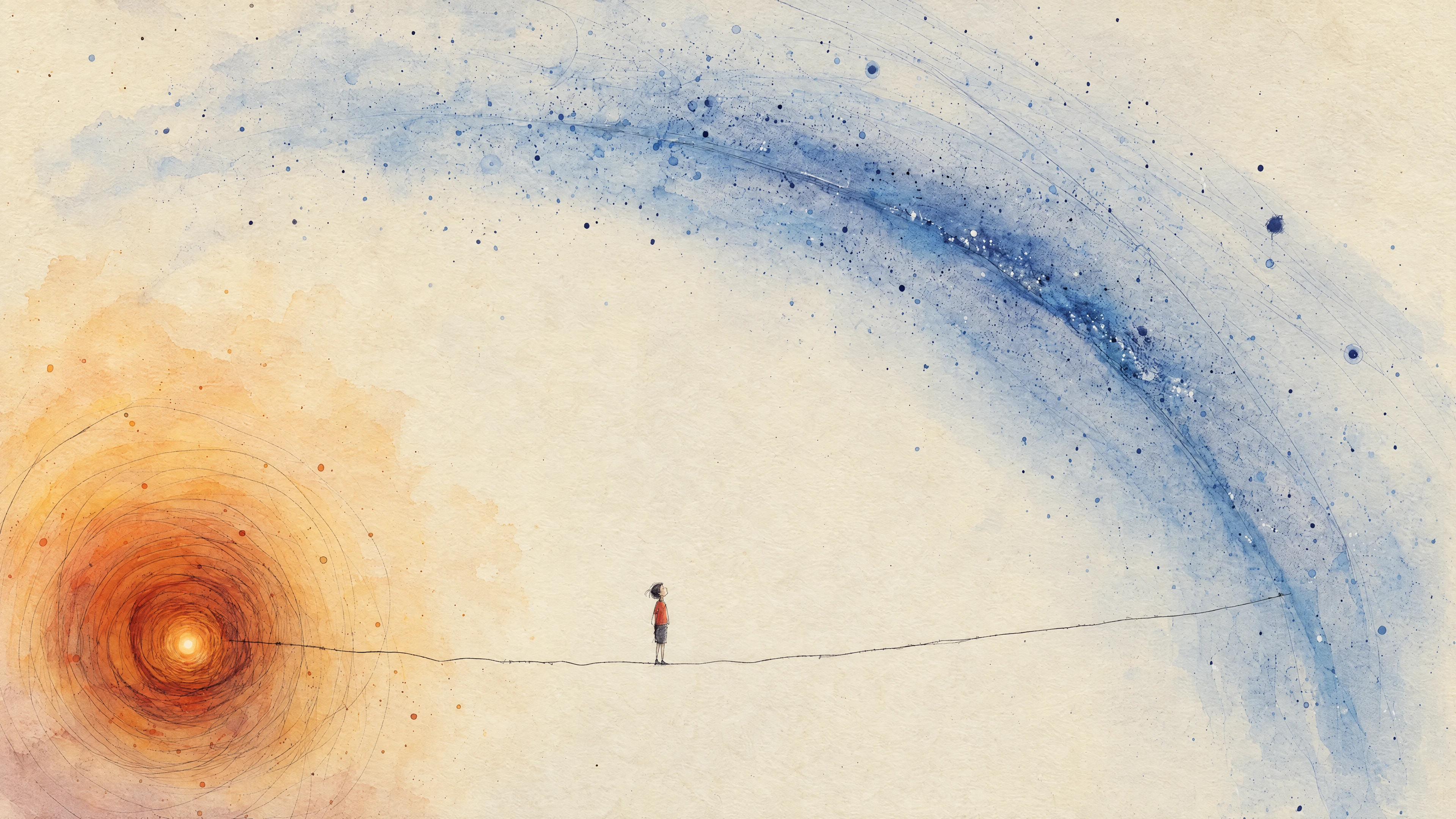 A person stands on a thin line between an orange cosmic spiral and a sweeping blue field of stars.