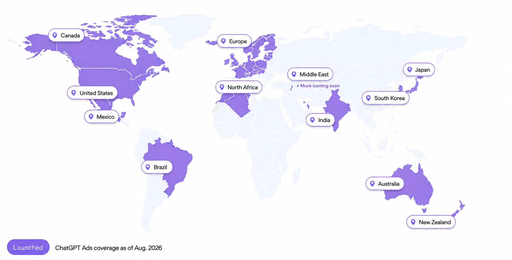 World map highlighting ChatGPT Ads availability as of August 2026, with launched regions labeled across North America, Europe, North Africa, the Middle East, India, East Asia, Australia, New Zealand, and Brazil.
