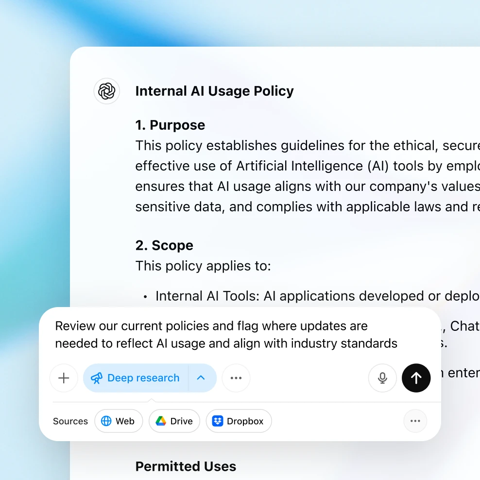 Internal AI Usage Policy with prompt to review and update policies for compliance with AI standards and industry guidelines.