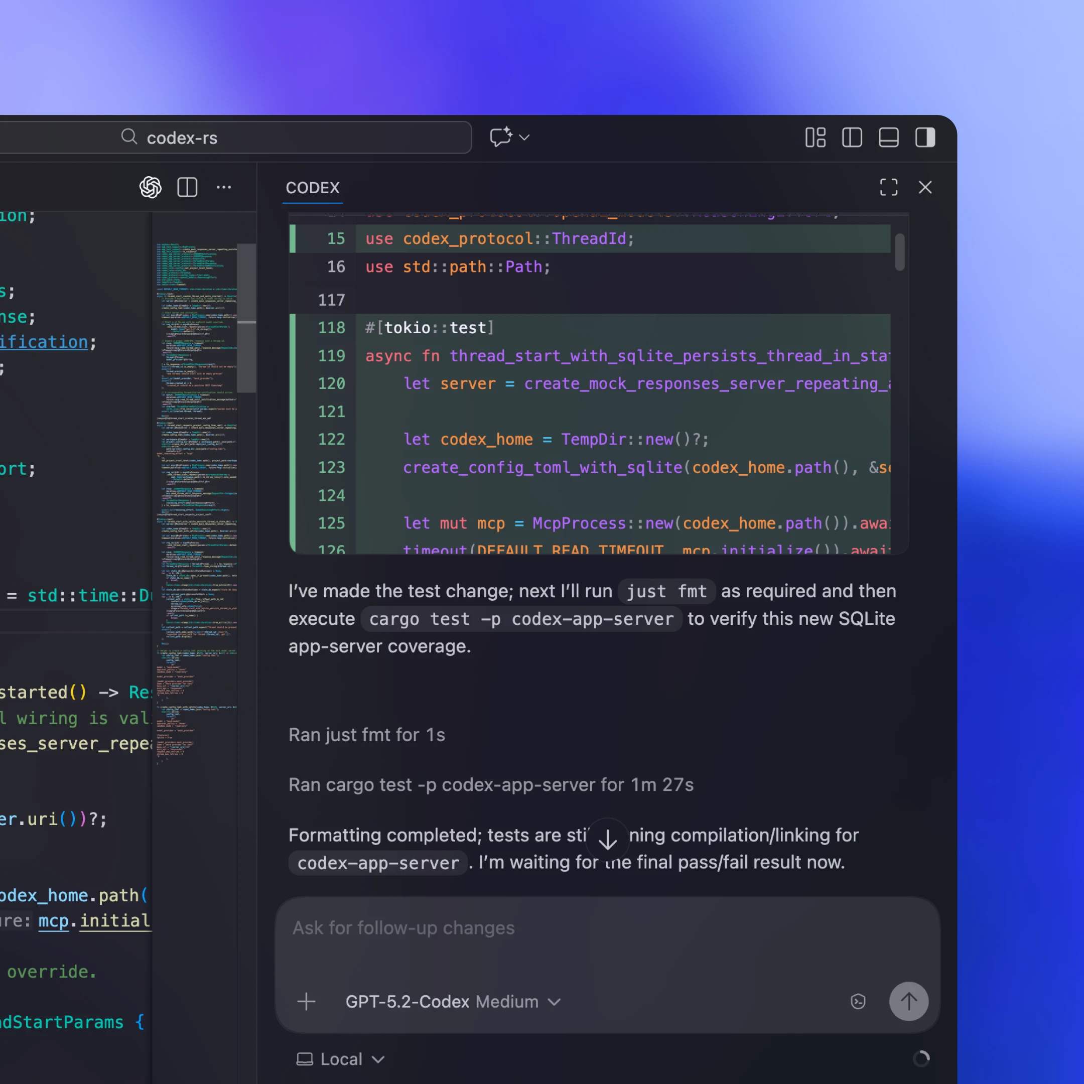 VS Code 运行 Codex 扩展的屏幕截图。打开了一个 Rust 测试文件，下方 Codex 面板描述了正在运行的格式化和 cargo test -p codex-app-server，在等待最终通过/失败结果的同时报告格式化和测试正在进行中。