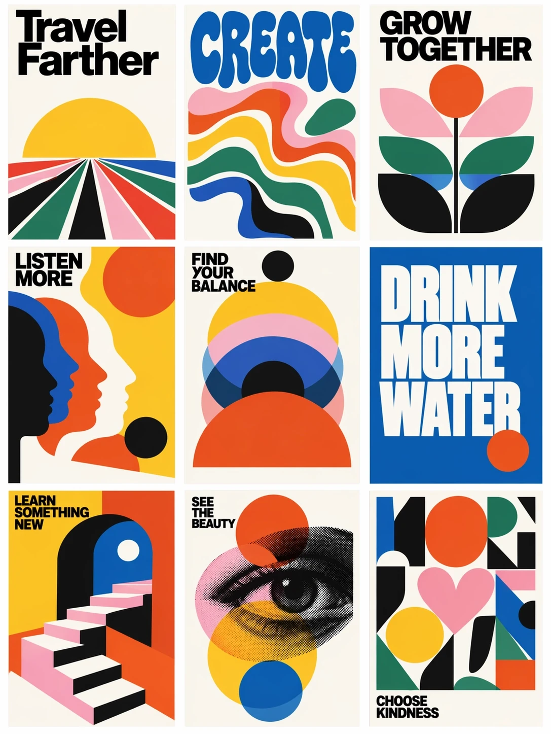 Nine mid-century modern posters in a three-by-three grid combine bold lettering with colorful geometric illustrations of a sunrise, flower, faces, circles, stairs, and an eye. Slogans include “Create,” “Grow together,” and “Choose kindness.”
