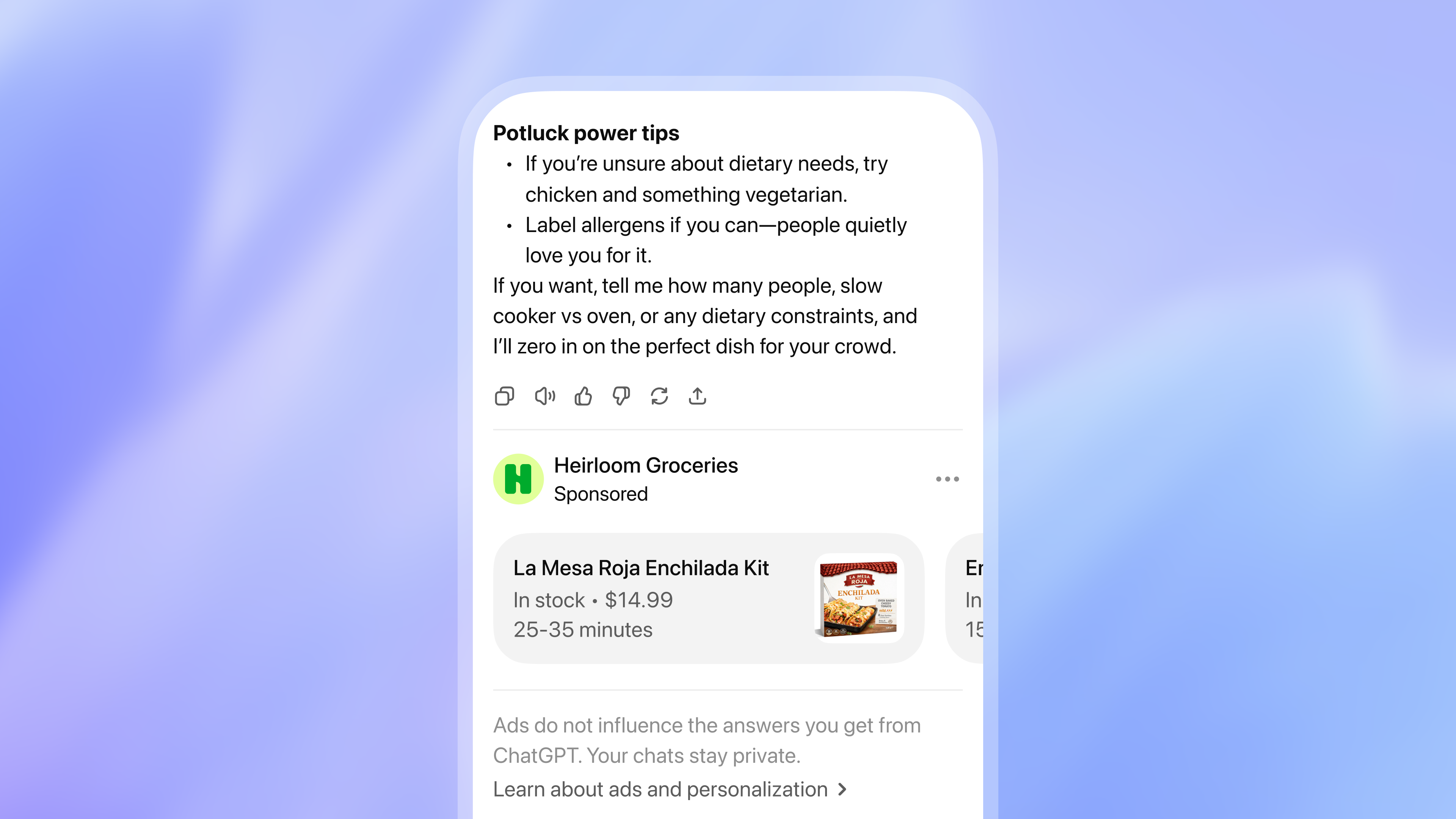 ChatGPT response with a clearly labelled sponsored listing from Heirloom Groceries below it, plus a note that ads do not influence ChatGPT answers