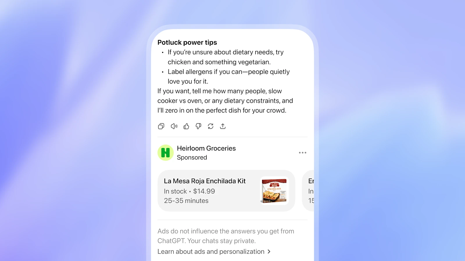 ChatGPTの回答下にスポンサー表示の商品広告を置くOpenAI公式デモ画面