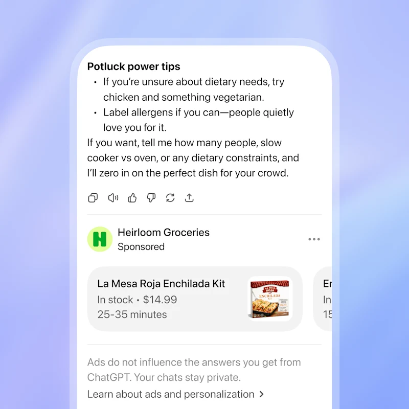 ChatGPT response with a clearly labelled sponsored listing from Heirloom Groceries below it, plus a note that ads do not influence ChatGPT answers