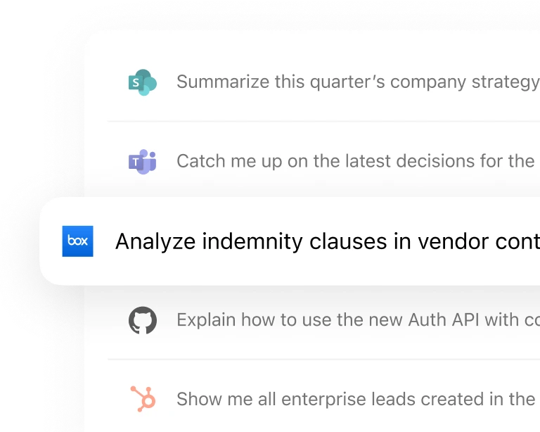 List of tasks with logos; highlighted: “Analyze indemnity clauses in vendor contracts” with Box icon.