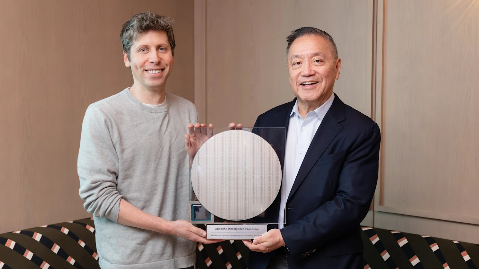 OpenAI and Broadcom leaders display the Jalapeño inference chip