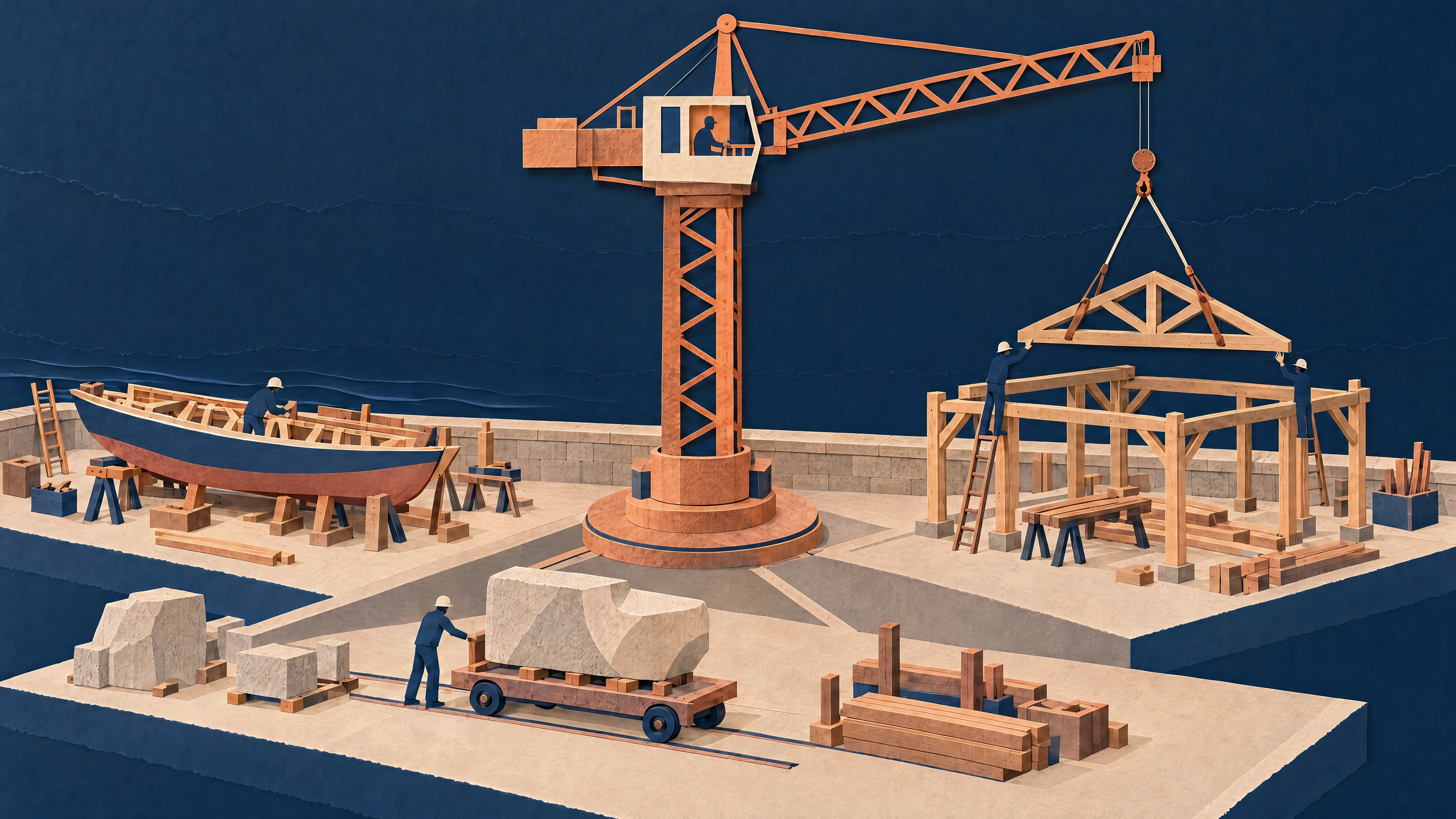 Image 14: One crane lifts a roof among several projects along a quay.
