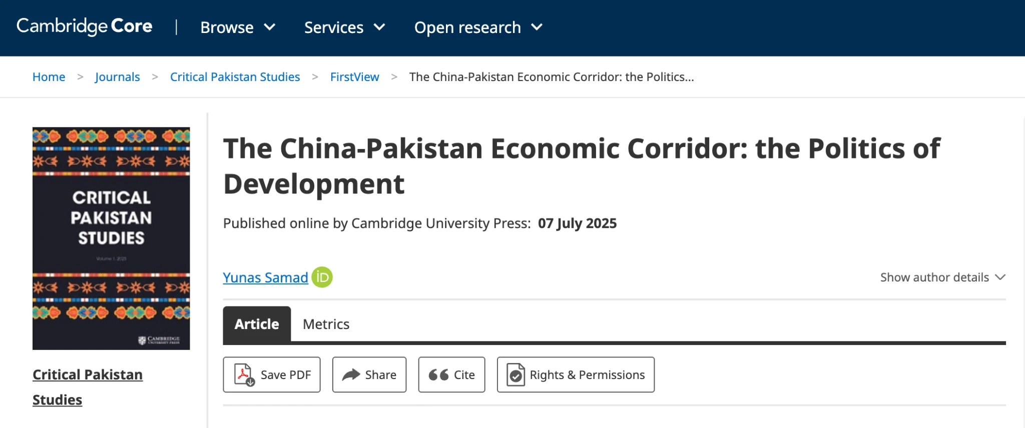 Cambridge University Press original article by Professor Emeritus Yunas Samad.
